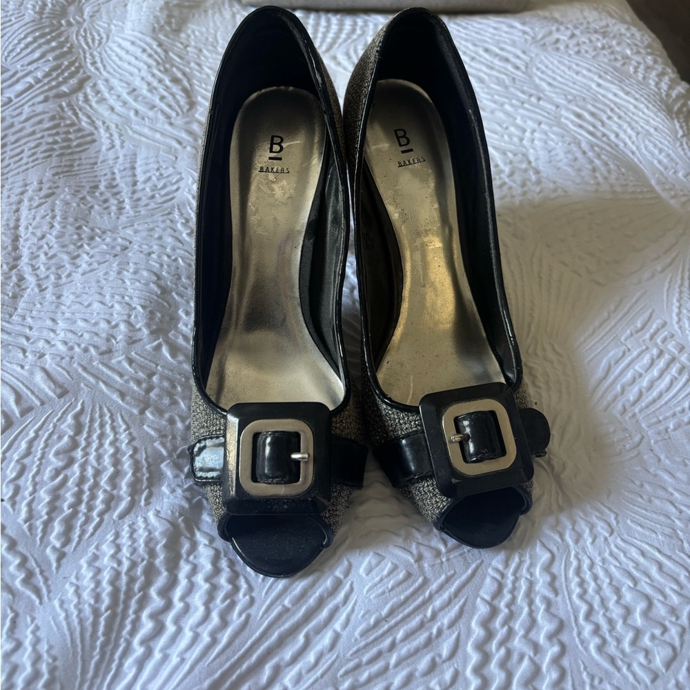 Bally Black and Gold Women's Peep Toe Heels